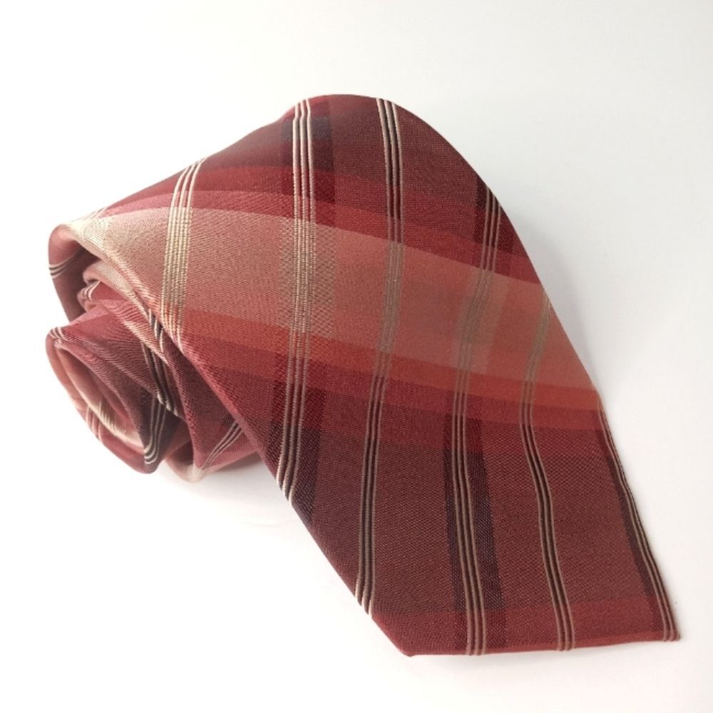 Kenneth Cole Silk Tie Burgundy Peach Plaid Classic Necktie 60"